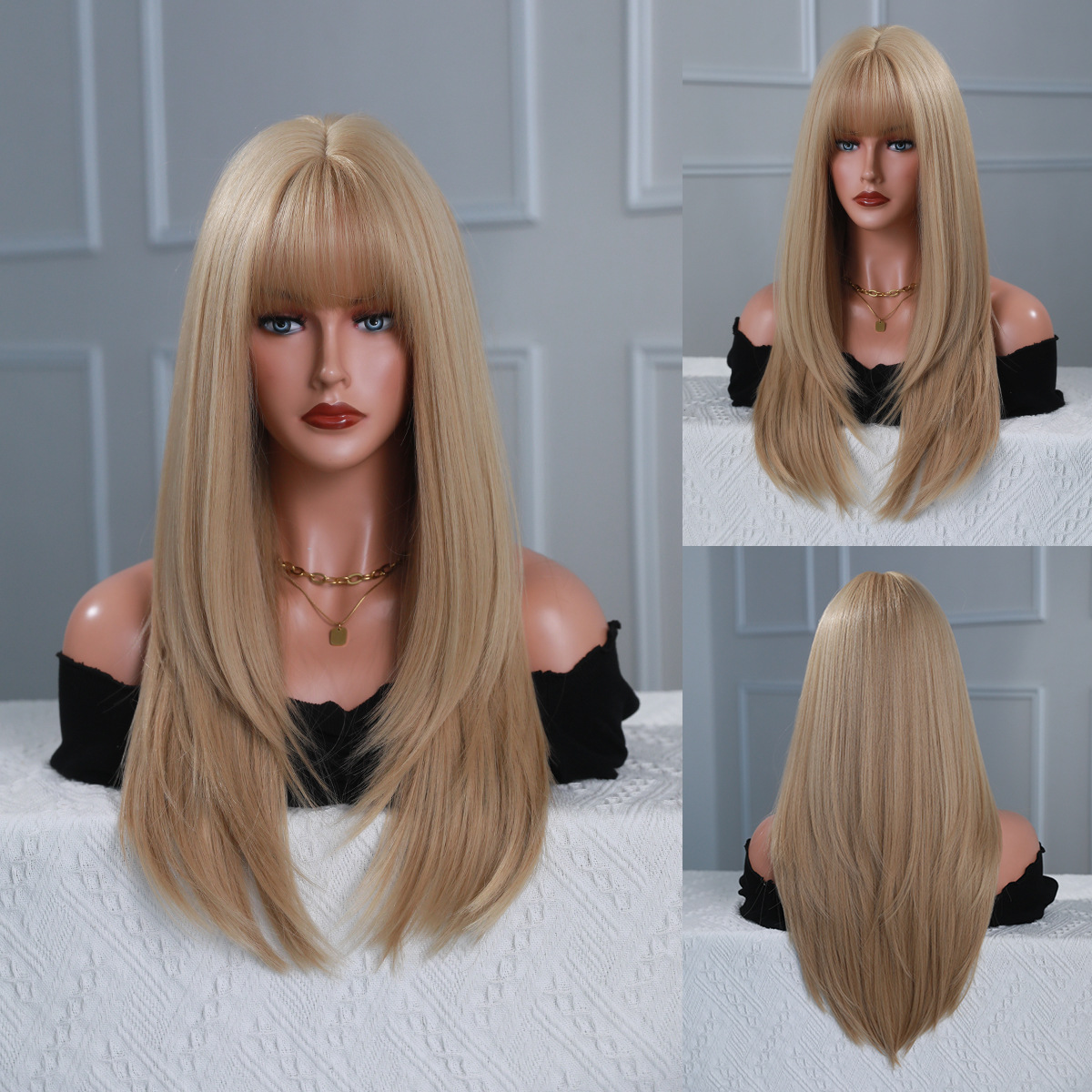 A synthetic wig with multicolor straight hair and stylish air bangs, ready to wear