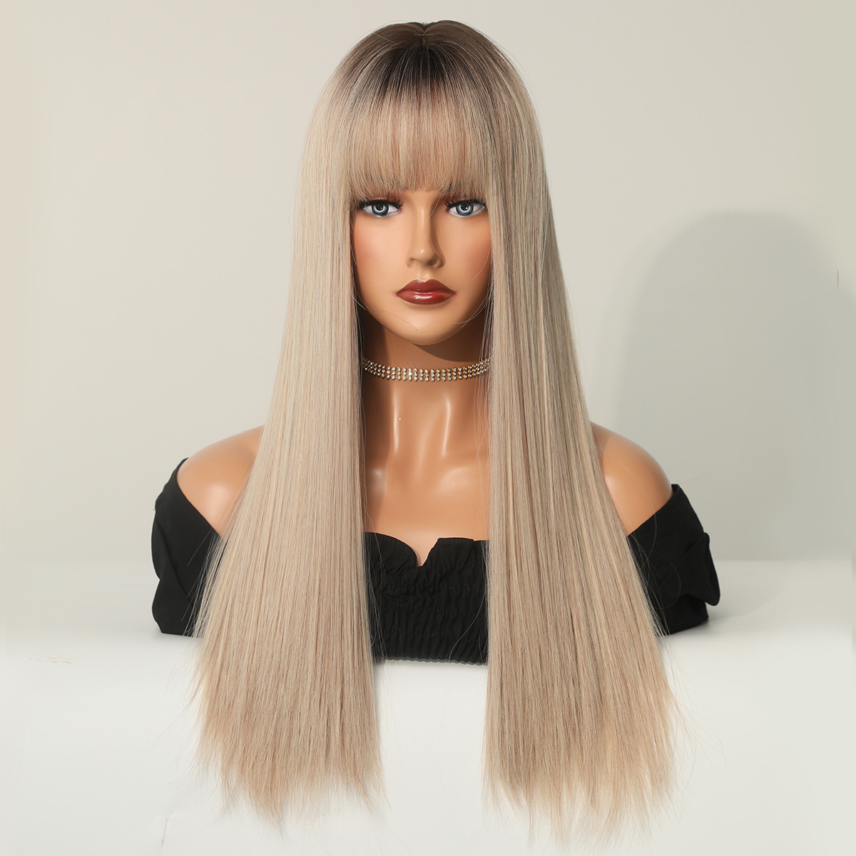 A synthetic wig featuring long straight hair in a champagne blonde color, ready to go for quick styling