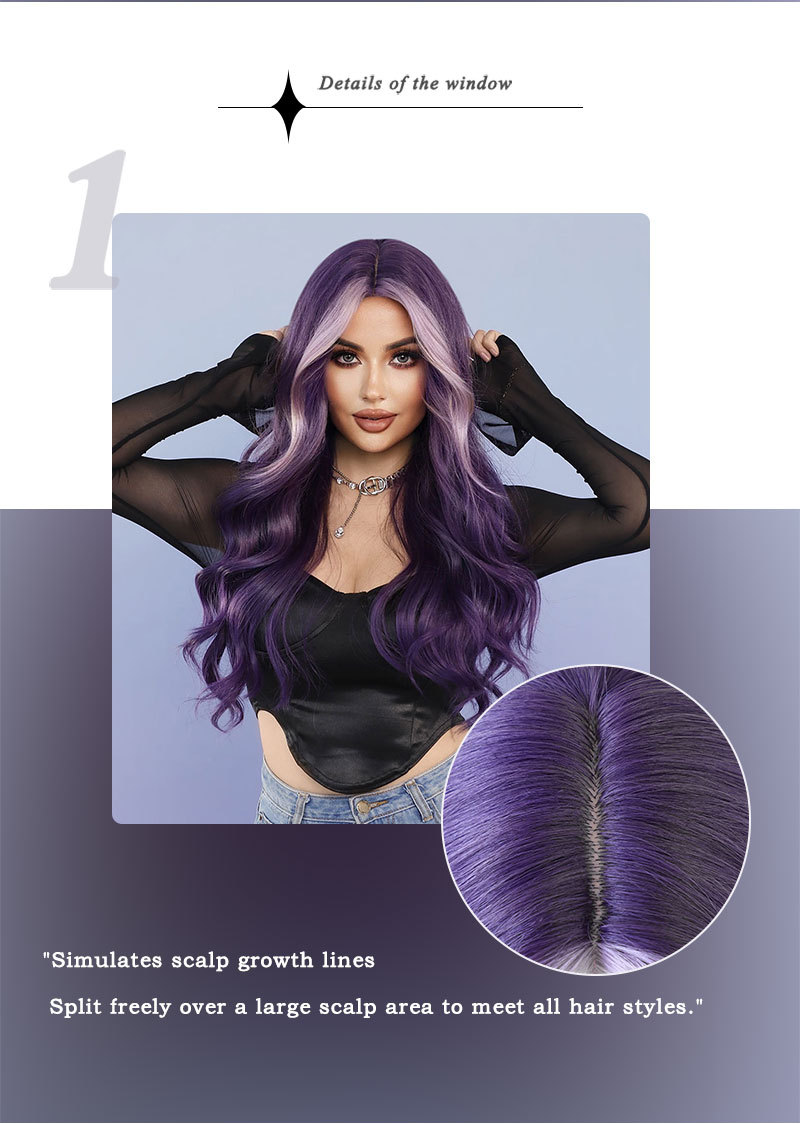 A ready-to-go large wavy synthetic wig featuring purple highlights and long curly hair for a stylish look