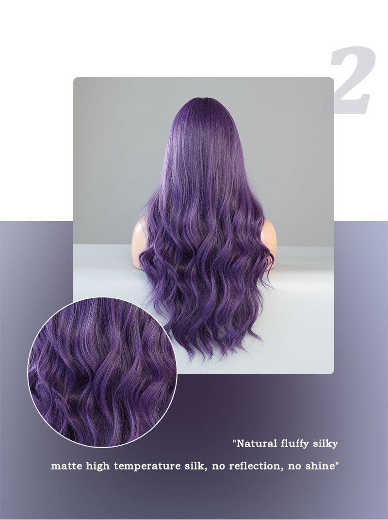 A wig with purple highlights and long curly hair, designed as a large wavy synthetic wig that's ready to wear