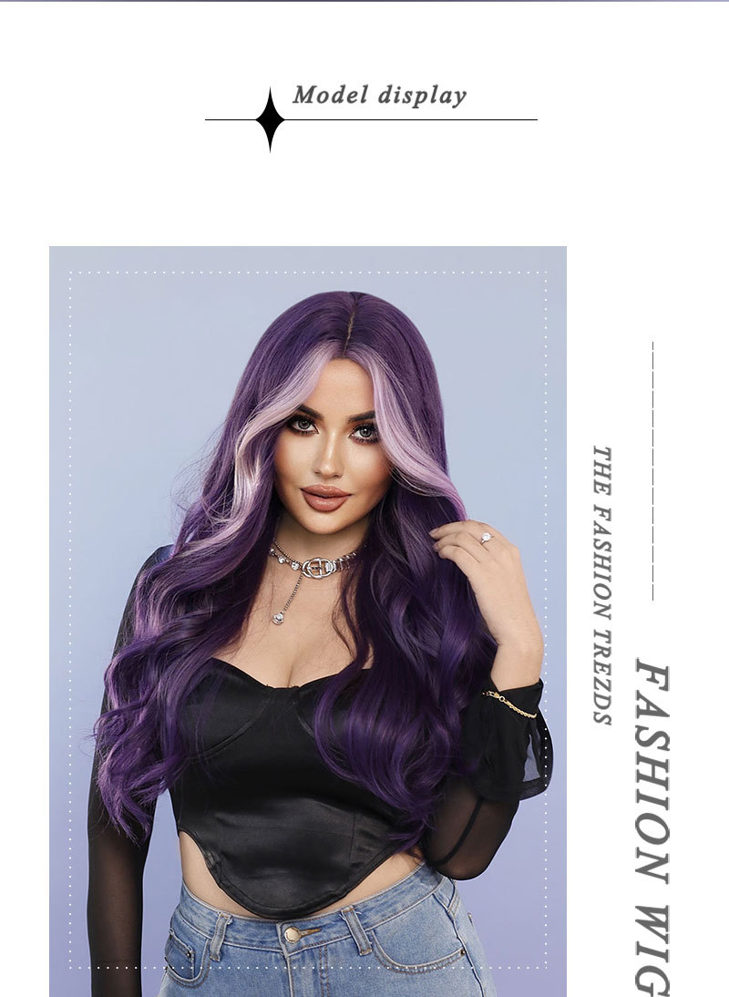 A fashionable wig with purple highlights, featuring long curly hair in a large wavy synthetic design