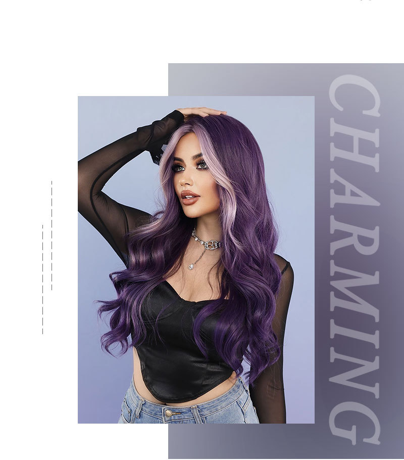 A synthetic wig designed for a ready-to-go style, featuring a large wavy design with purple highlights and long curly hair
