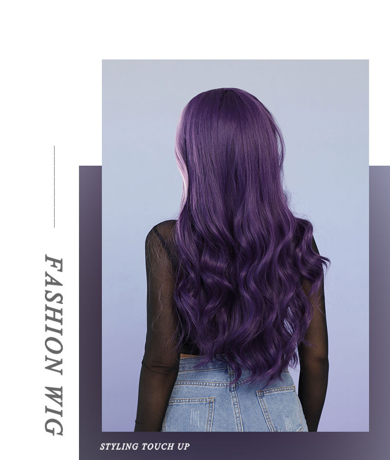 Make a bold statement with this large wavy synthetic wig, featuring elegant purple highlights for a striking look
