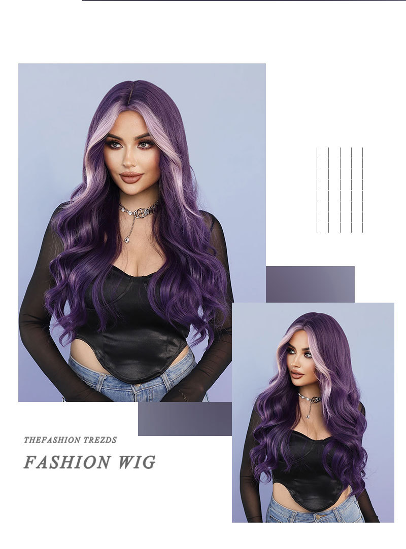 Achieve chic waves with this long curly synthetic wig, highlighted in a rich purple shade for a fashionable appearance