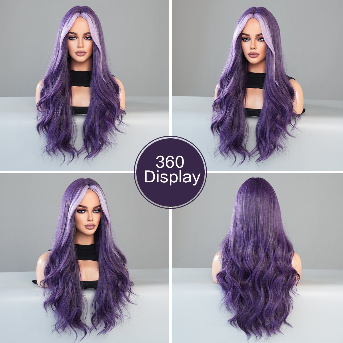 Get ready-to-go glamour with this large wavy synthetic wig, showcasing stunning purple highlights for a stylish finish