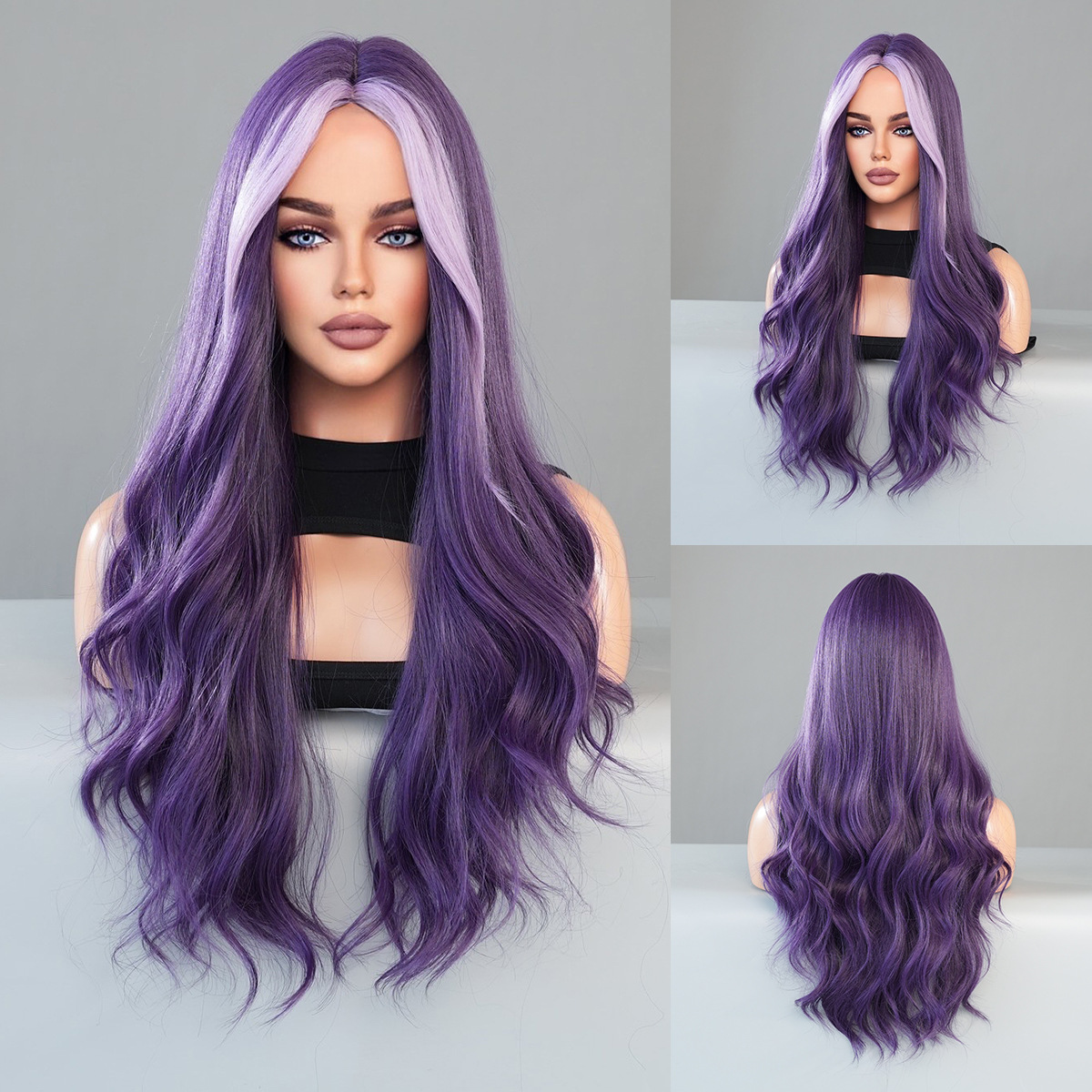 Channel royal elegance with this large wavy synthetic wig, featuring luxurious purple highlights for a regal look