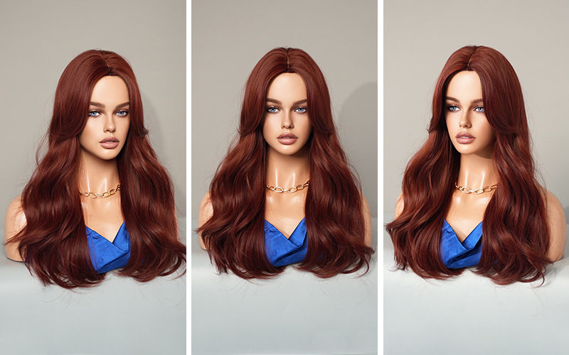 A fashionable synthetic wig for women, featuring long curly wine red hair, ready to go for various styles
