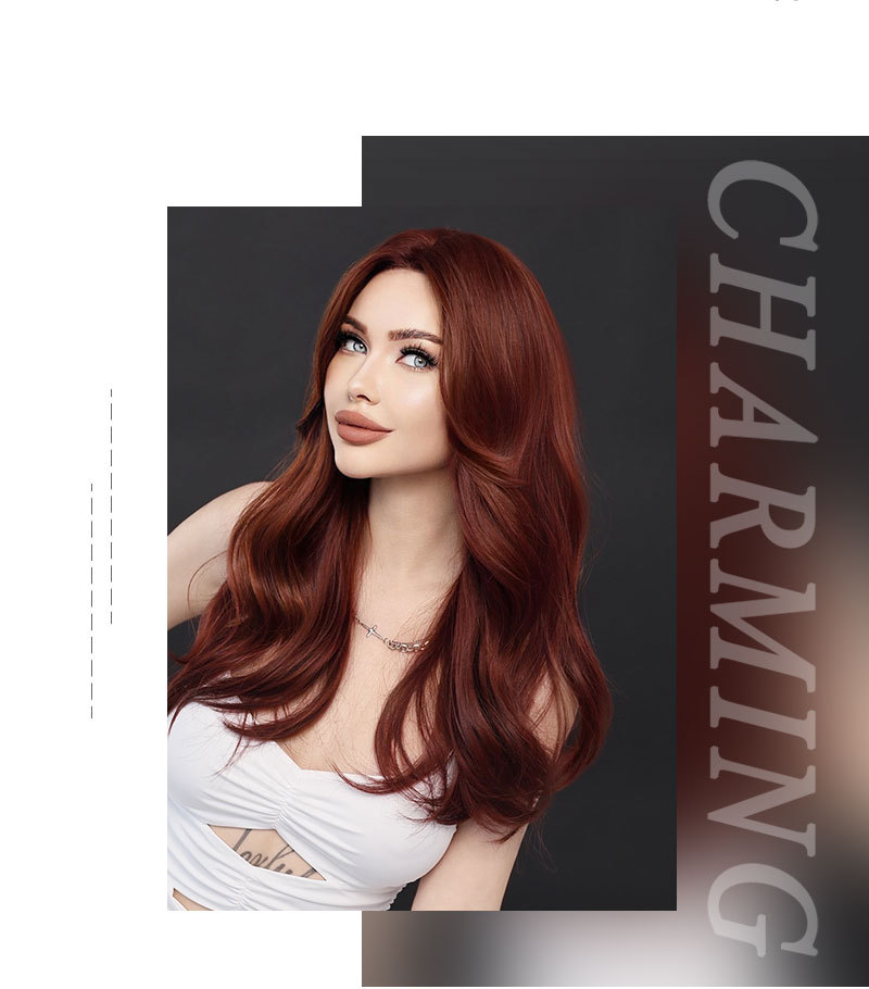 Image of a synthetic wig designed for women's fashion, featuring long curly wine red hair, ready for immediate wear