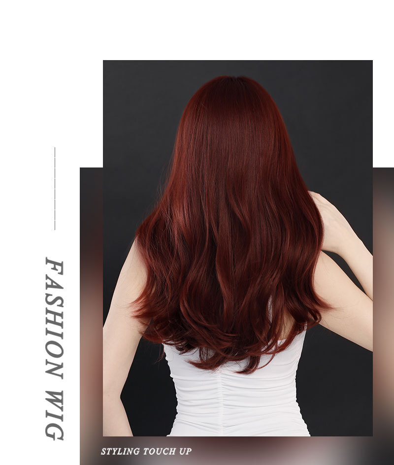 A women's fashion synthetic wig featuring long curly wine red hair, ready to go for a stylish look.