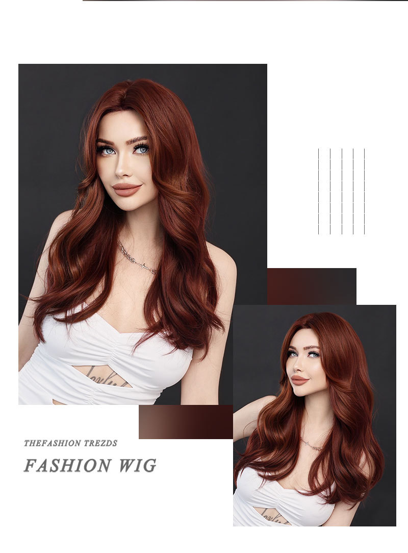 An elegant wine red synthetic wig with long, curly hair, designed for women and ready to wear