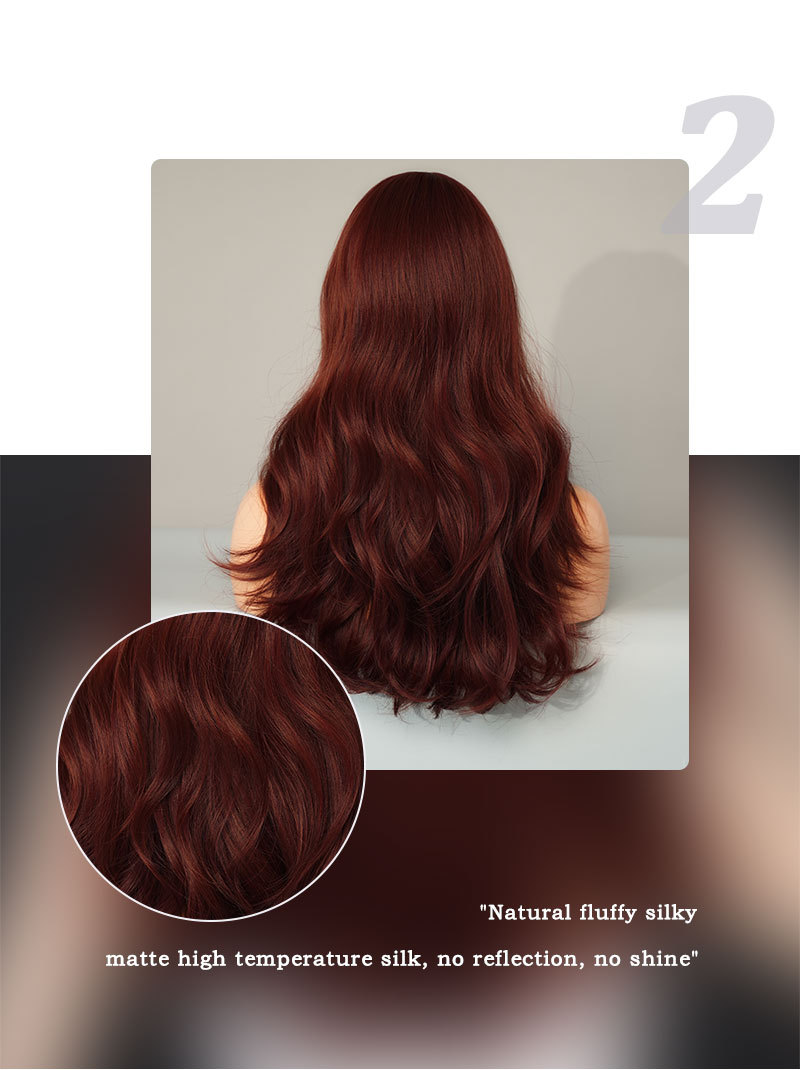 A synthetic wig designed for women, featuring long curly wine red hair, ready to go for any occasion