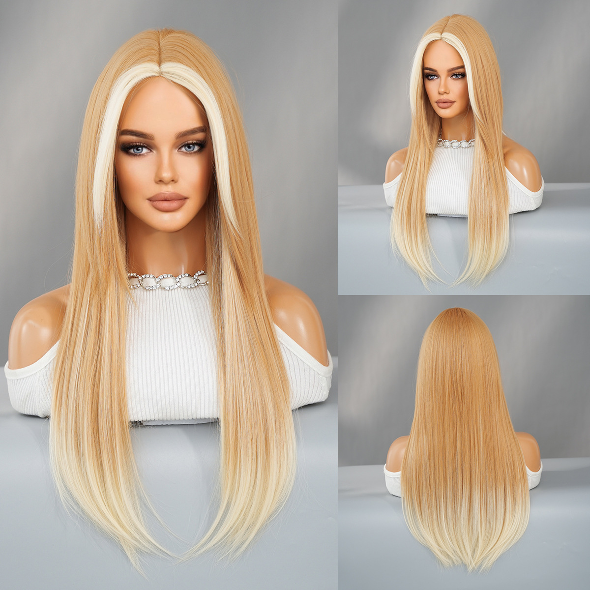 Stylish synthetic wig by Yinraohair with chic blonde highlights, showcasing long straight hair, fashionably designed and ready for use