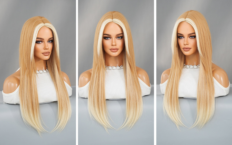 Fashionable synthetic wig from Yinraohair, with blonde highlights and long straight hair, ready to go