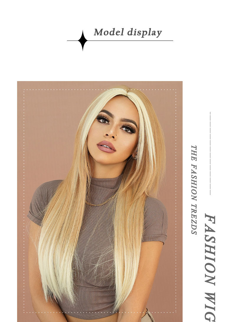 Long straight synthetic wig by Yinraohair, featuring fashionable blonde highlights, ready to go