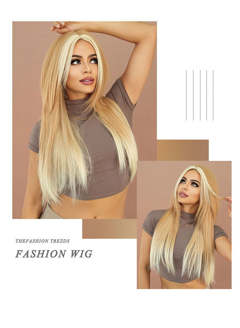 Sleek synthetic wig by Yinraohair with blonde highlights, featuring long straight hair, fashionably styled and ready to wear