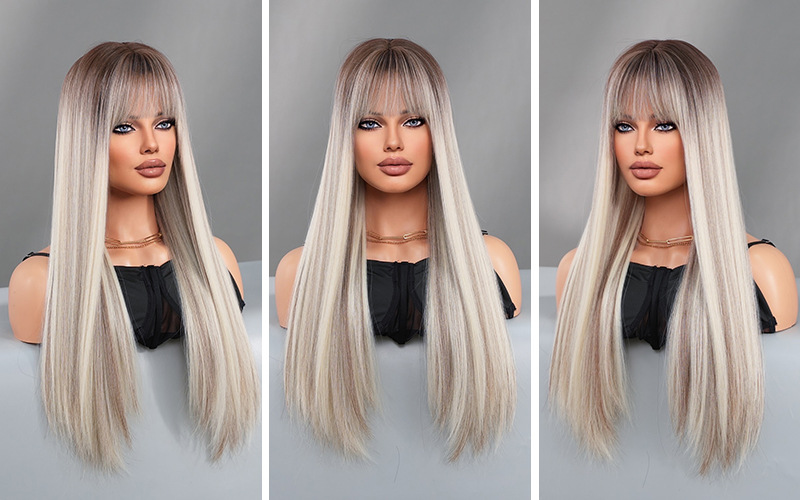A synthetic wig featuring long straight hair highlighted in a champagne blonde color, styled in a Lolita fashion