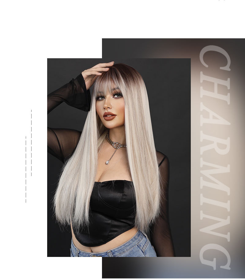 A synthetic wig with long straight hair highlighted in champagne blonde, designed in a Lolita style