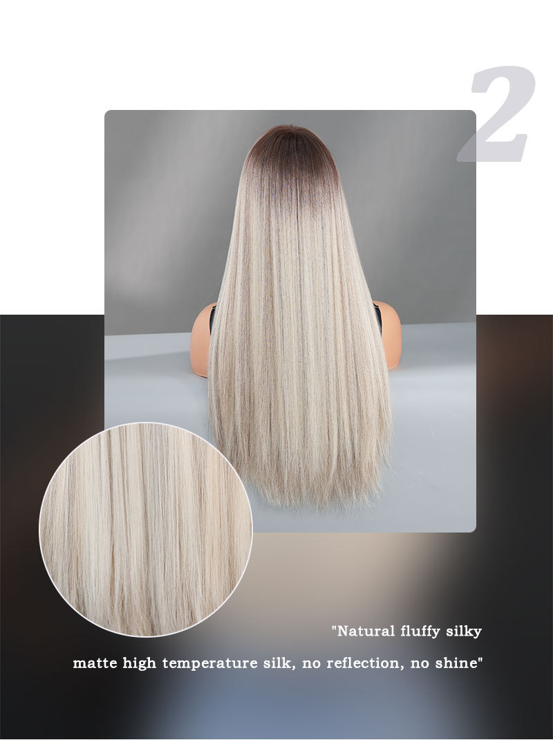 A stylish synthetic wig with long straight hair highlighted in champagne blonde