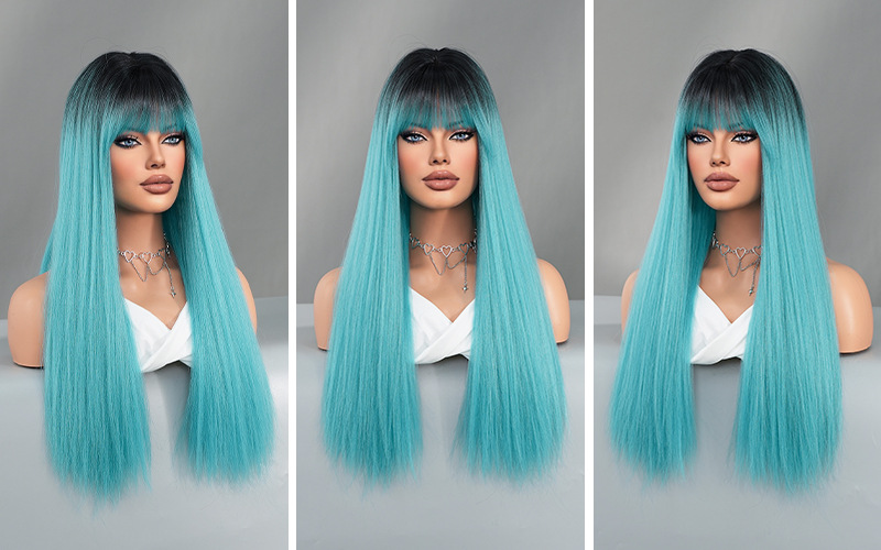 A synthetic wig featuring long straight hair highlighted in lake blue, styled with bangs in a Lolita fashion
