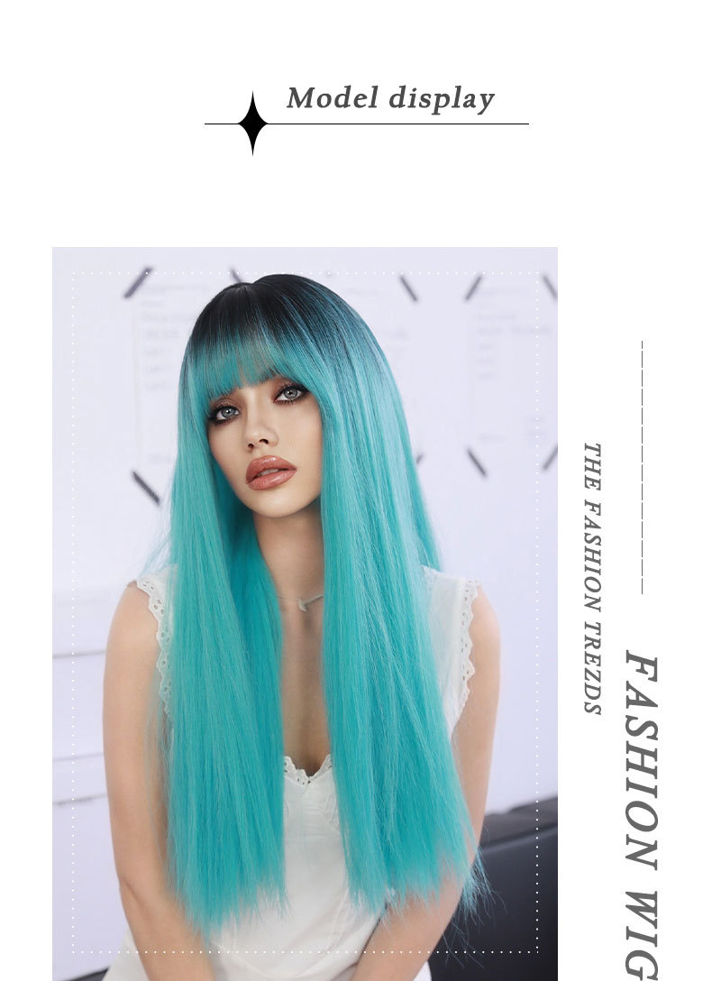 A synthetic wig with long straight hair highlighted in lake blue, designed in a Lolita style with bangs