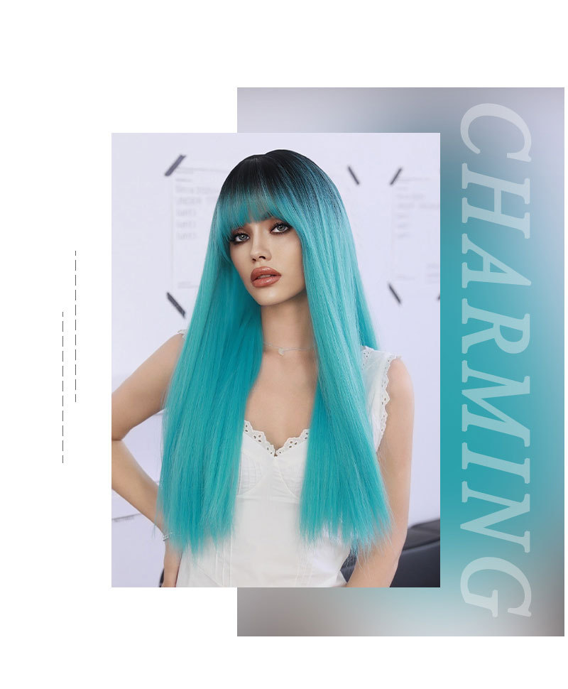 A synthetic wig styled in a Lolita fashion with long straight hair highlighted in lake blue, featuring bangs