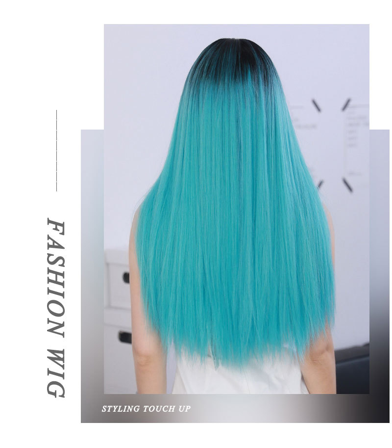 A synthetic wig in highlight lake blue featuring long straight hair with bangs, ready-to-go for convenience