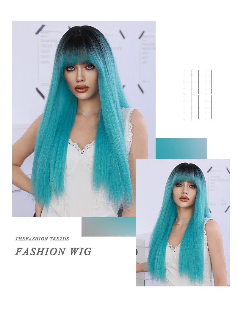 A fashionable synthetic wig in lake blue with long straight hair highlighted, styled in a Lolita fashion