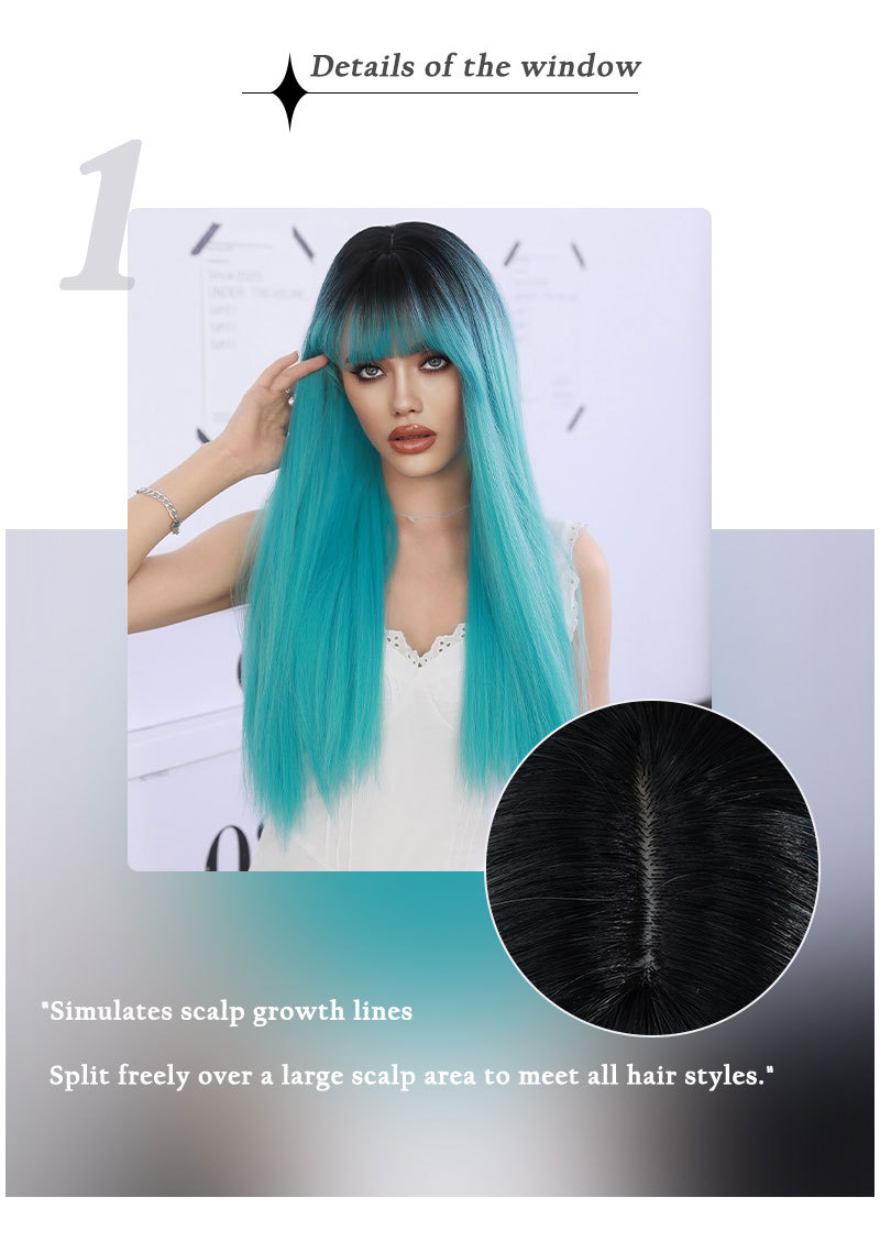 A synthetic wig styled in a ready-to-go Lolita fashion with long straight hair highlighted in lake blue and bangs