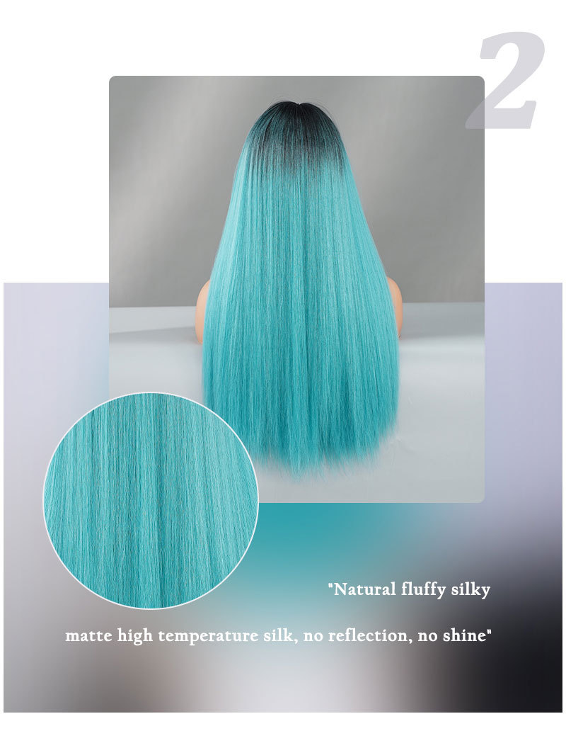 A stylish synthetic wig featuring long straight hair highlighted in lake blue, styled with bangs in a Lolita fashion
