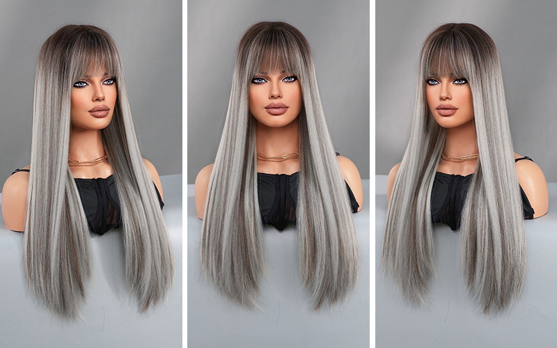 Synthetic Wig Featuring Long Straight Highlight Gray Hair, Perfect for a Lolita Look