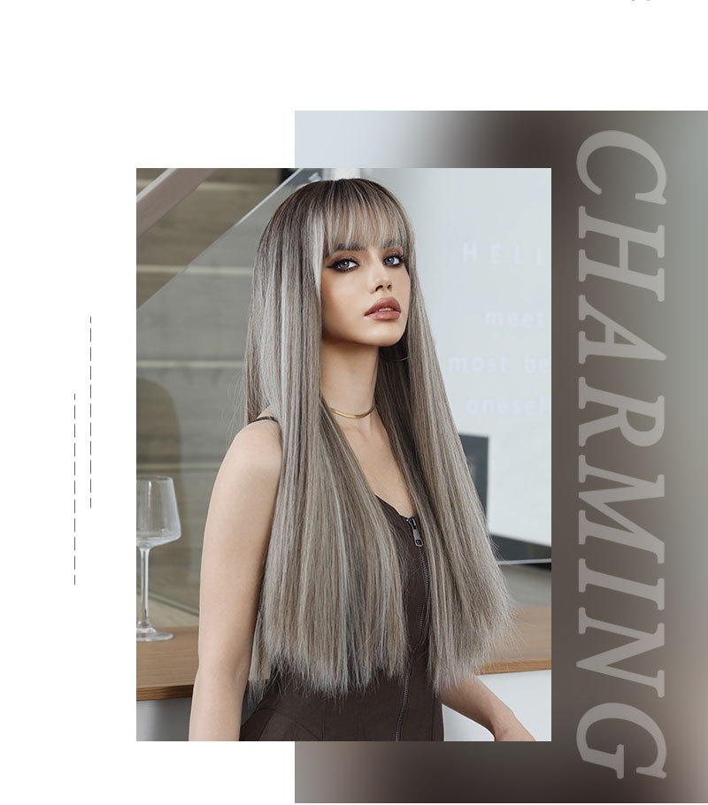 Long Straight Synthetic Wig in Elegant Gray, Perfect for a Chic Look