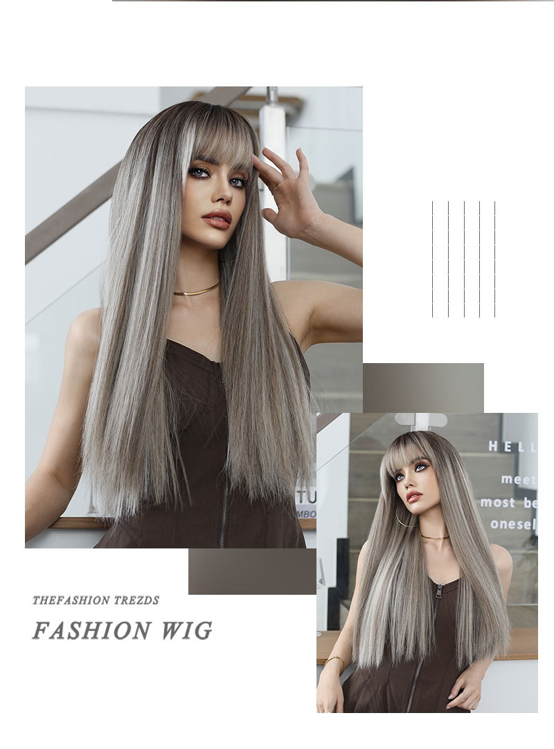 Synthetic Wig Featuring Long Straight Gray Hair, Fashionable and Ready to Wear