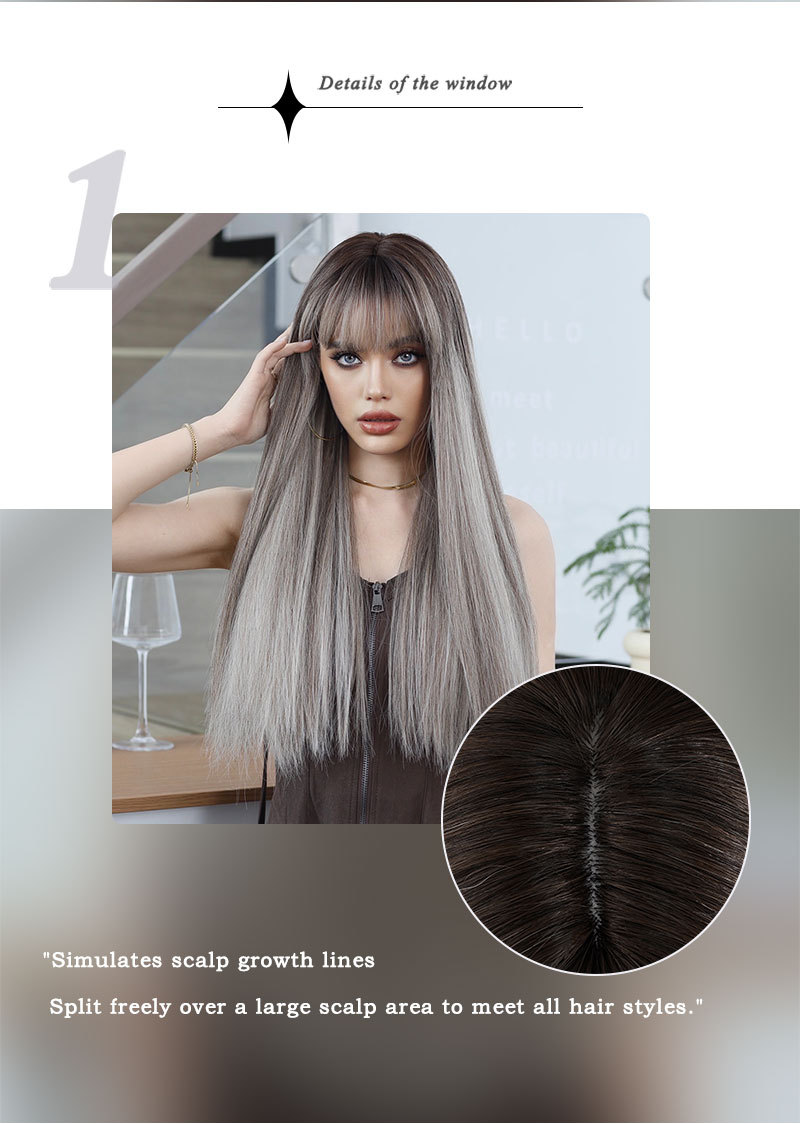Long Straight Synthetic Wig in Highlight Gray Color, Perfect for a Lolita Look