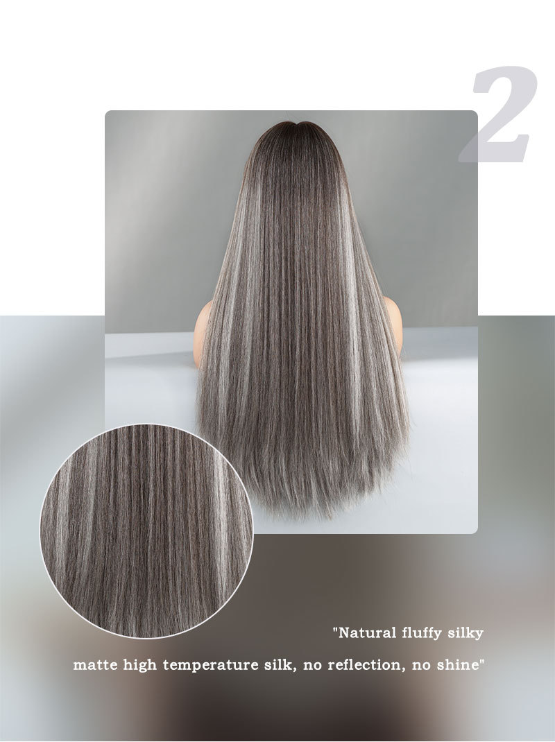 Synthetic Wig with Long Straight Highlight Gray Hair, Ideal for a Quick and Stylish Look