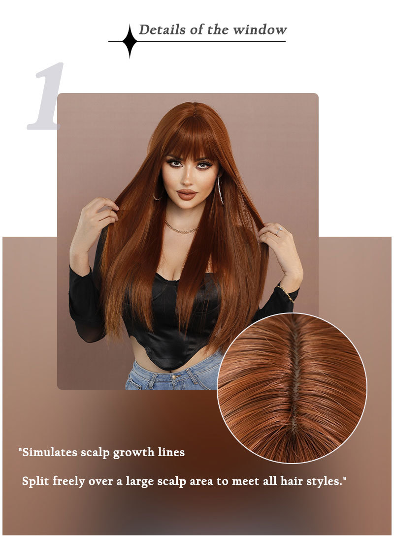 A synthetic wig in wine red with long straight hair and bangs, ready to go for easy wear