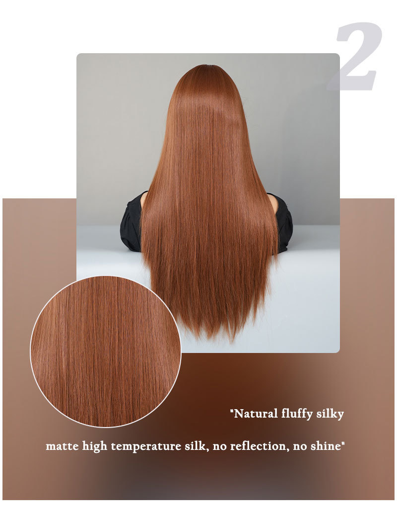 A stylish synthetic wig featuring wine red long straight hair with bangs, ready for immediate wear