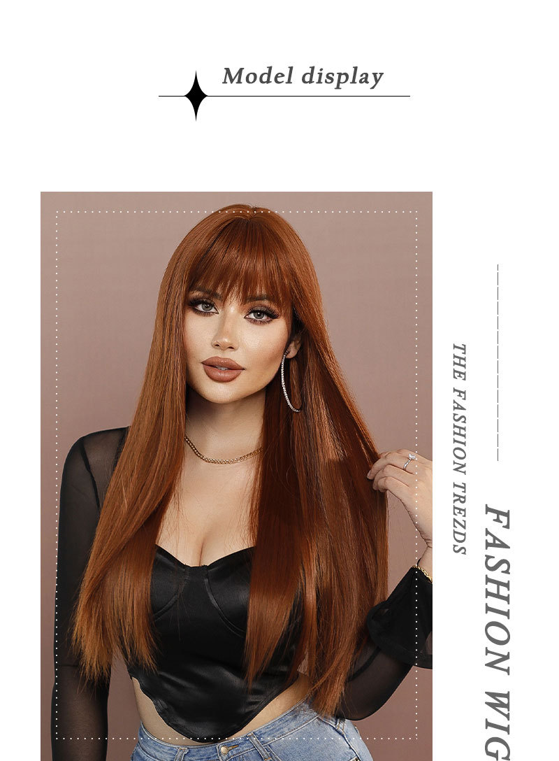 A synthetic wig with long straight wine red hair and bangs, ready to wear for convenience