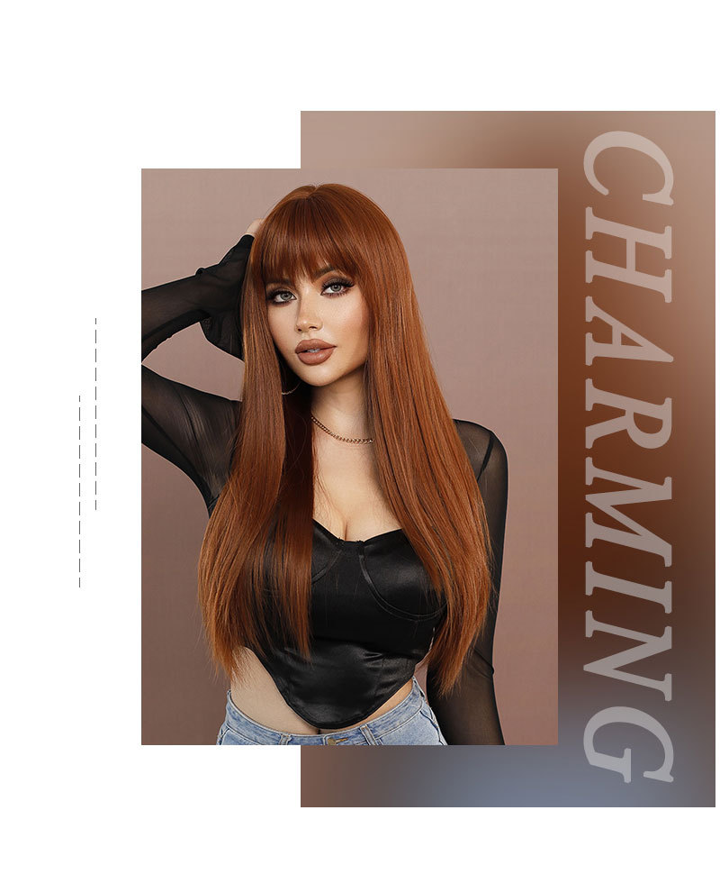 A wine red synthetic wig featuring long straight hair with bangs, designed in a ready-to-go style