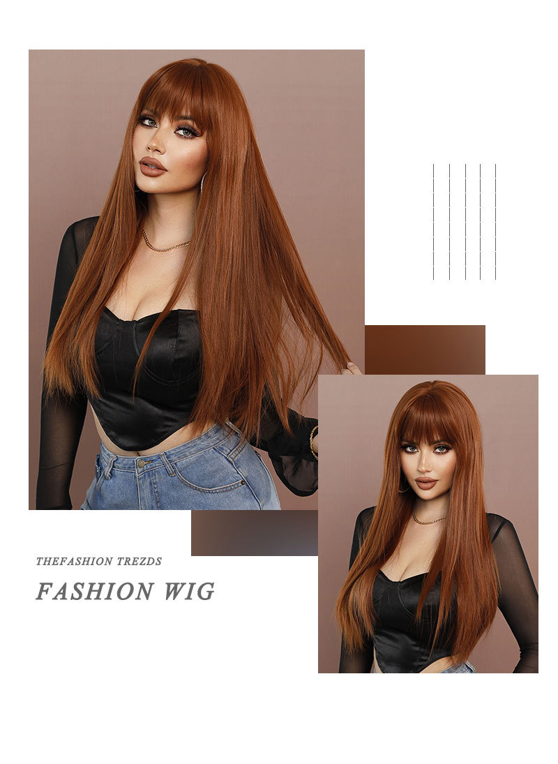 A fashionable wine red synthetic wig featuring long straight hair with bangs, ready-to-go for any occasion