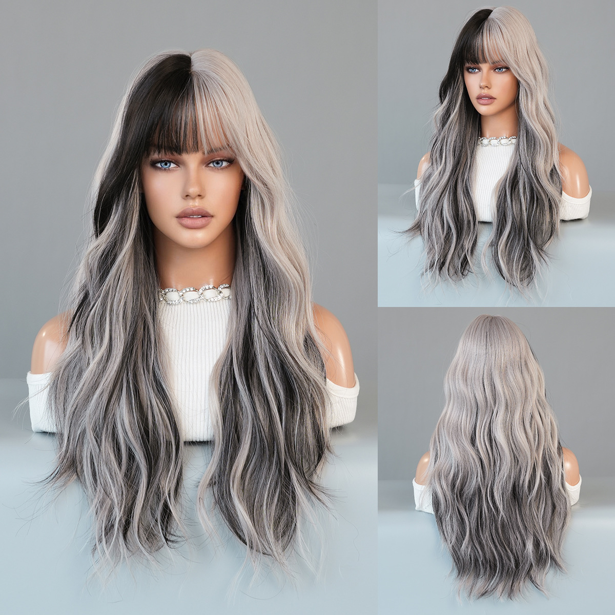 A fashionable synthetic wig with long wavy hair in brown highlights and bangs, ready for a party