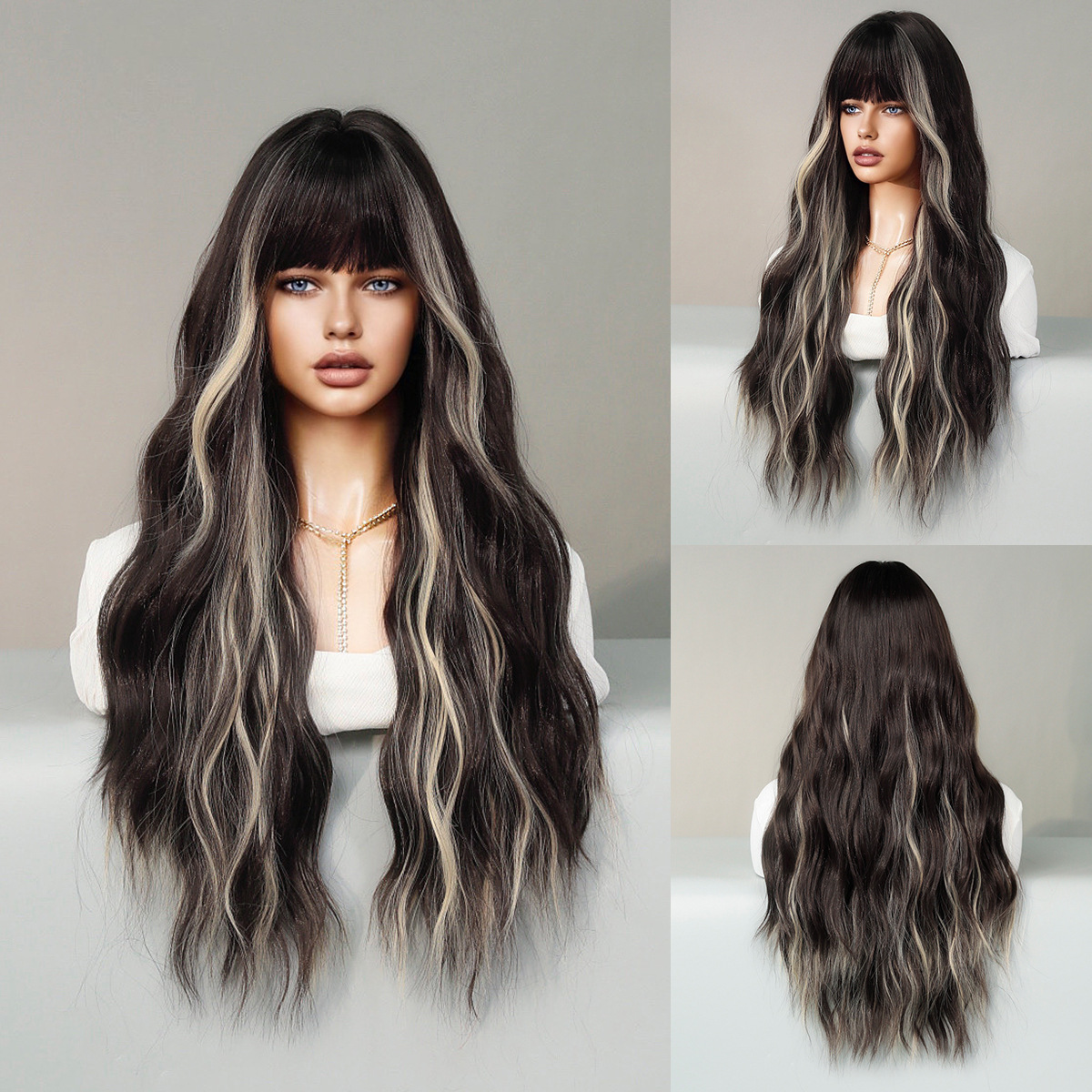 A wig with long wavy synthetic hair in brown highlights and bangs, perfect for a party