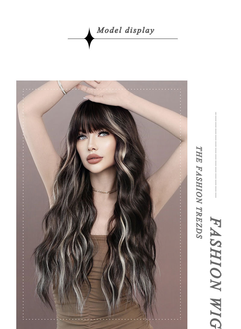A synthetic wig in brown highlights with long wavy hair and bangs, designed for ready-to-wear at parties