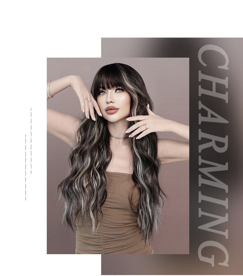 A wig with long wavy synthetic hair in brown highlights and bangs, ready to go for the party
