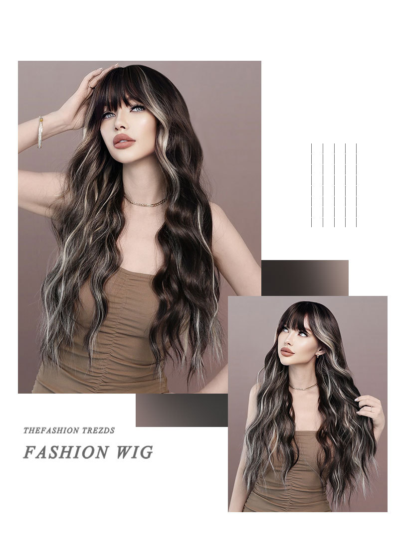 A stylish synthetic wig featuring long wavy hair with brown highlights and bangs, ideal for parties