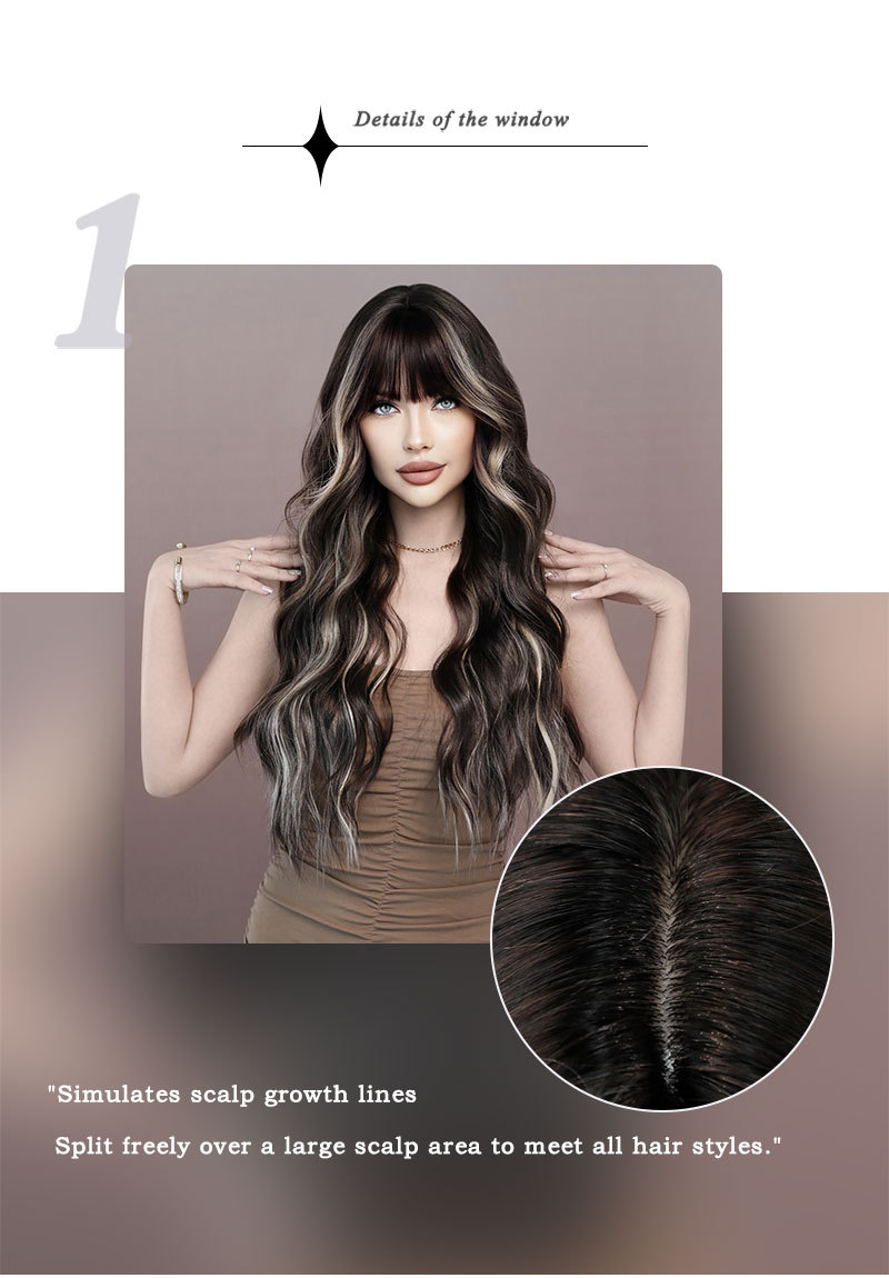 A synthetic wig with long wavy hair in brown highlights and bangs, perfect for party wear