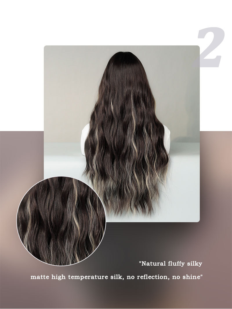 A stylish synthetic wig featuring long wavy hair in brown highlights with bangs, ready to wear