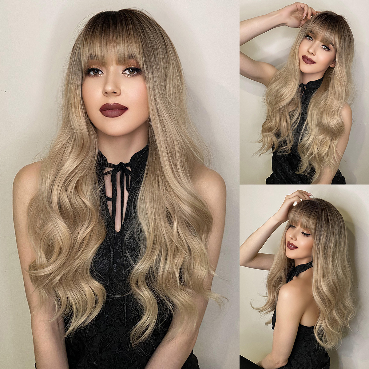 Radiate style with this ready-to-go large wavy synthetic wig, showcasing eye-catching multicolored highlights