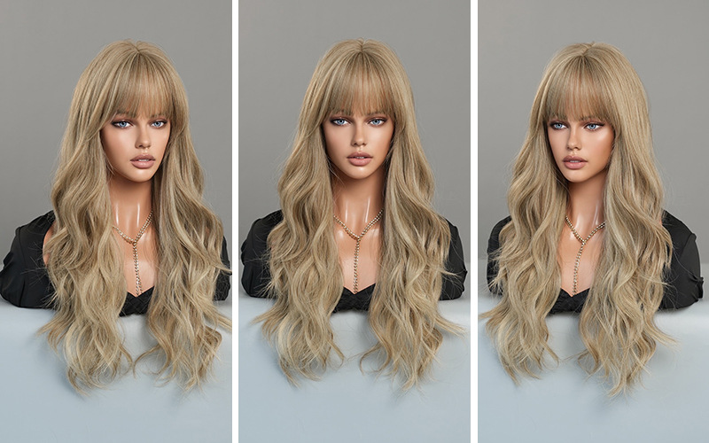 A fashionable wig with blonde highlights, featuring long curly hair in a large wavy synthetic design