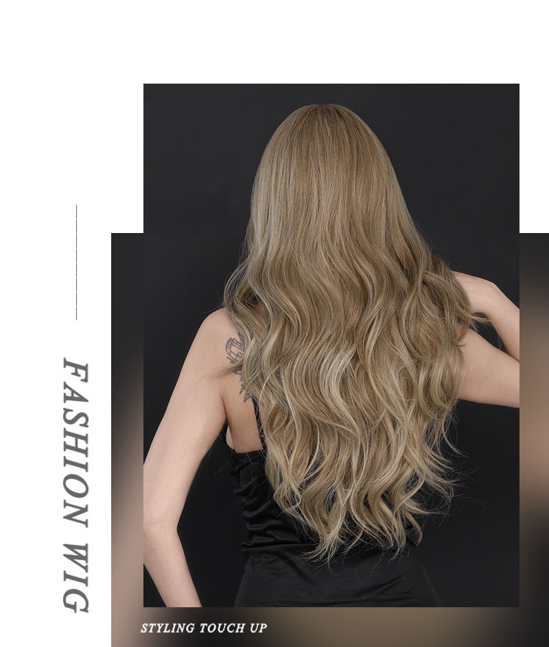 A chic synthetic wig with long curly hair and beautiful blonde highlights, creating stunning waves for a fashionable appearance