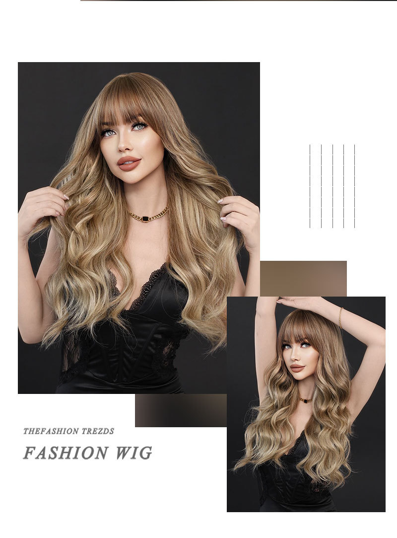 A ready-to-go large wavy synthetic wig featuring stylish blonde highlights, perfect for an instant fashion statement